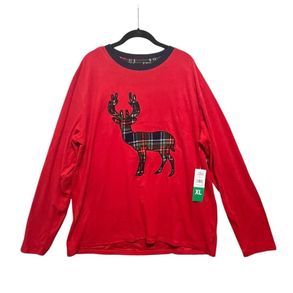 Holiday Tartan Plaid Moose Eddie Bauer Mens Fleece Waffle Knit PJ Top Sz XL